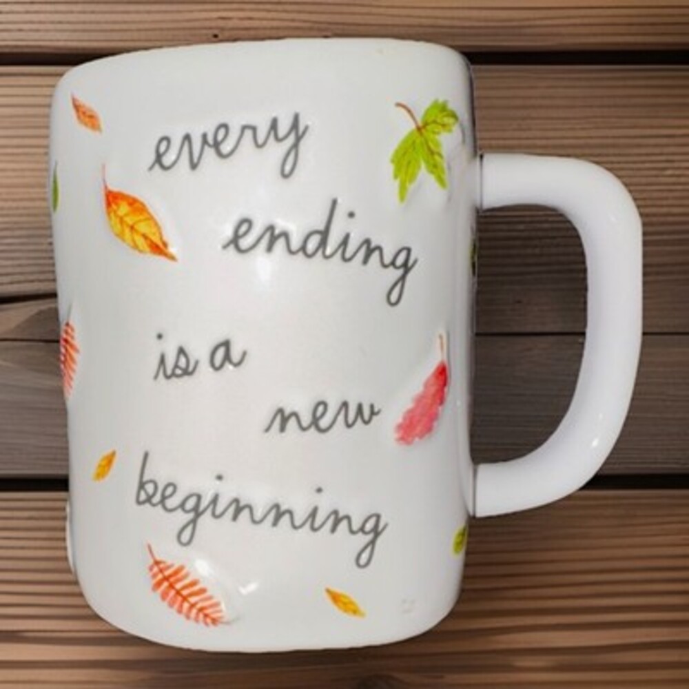 RAE DUNN Artisan Collection Every Ending New Beginning Leaves Coffee Mug White